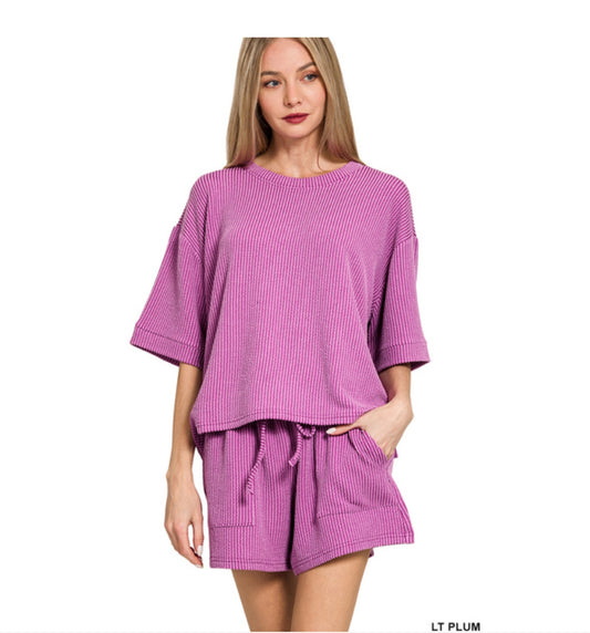 Raised Rib Short Sleeve Top and Shorts Set