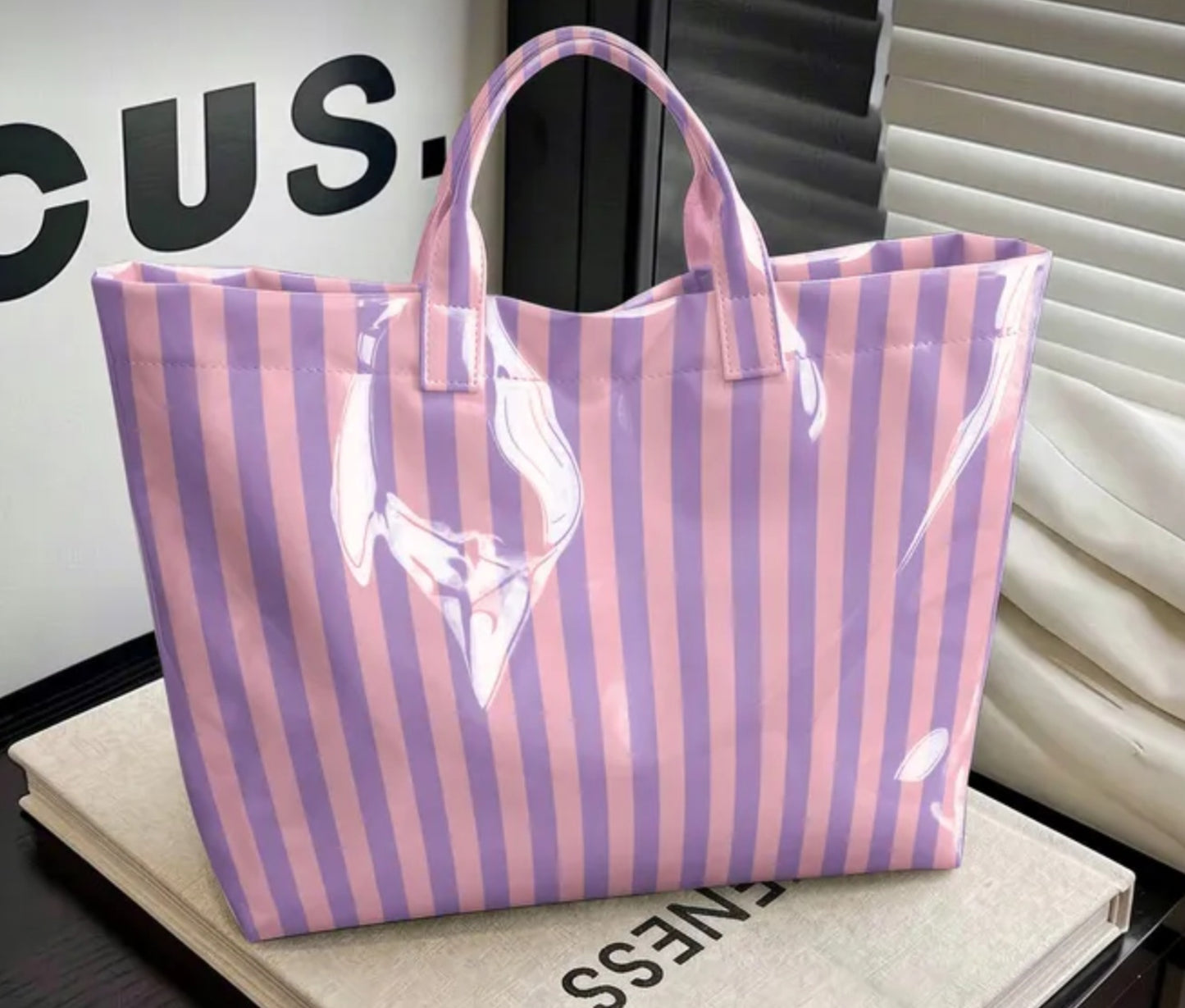 Vinyl striped tote bag