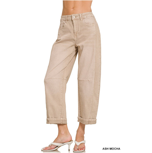 Barrel-Leg Cropped Color Denim Pants
