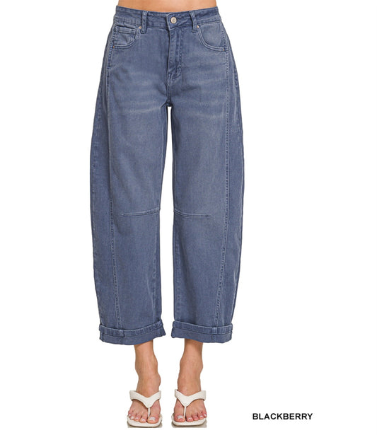 Barrel-Leg Cropped Color Denim Pants