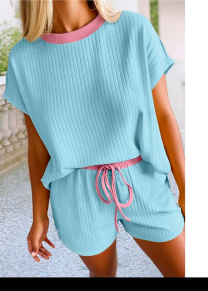 Casual Solid Colorblock Short Sleeve Set