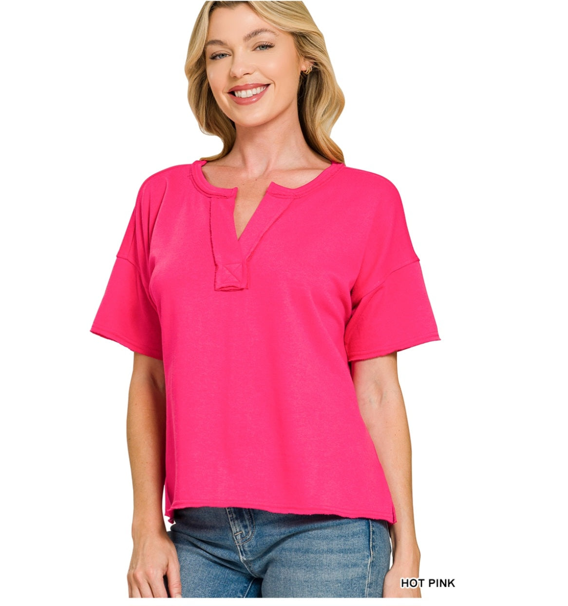French Terry Split Neck Exposed Seam Top