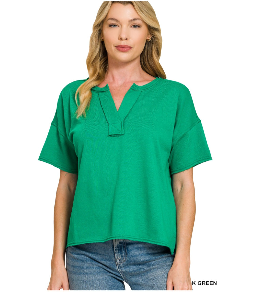 French Terry Split Neck Exposed Seam Top