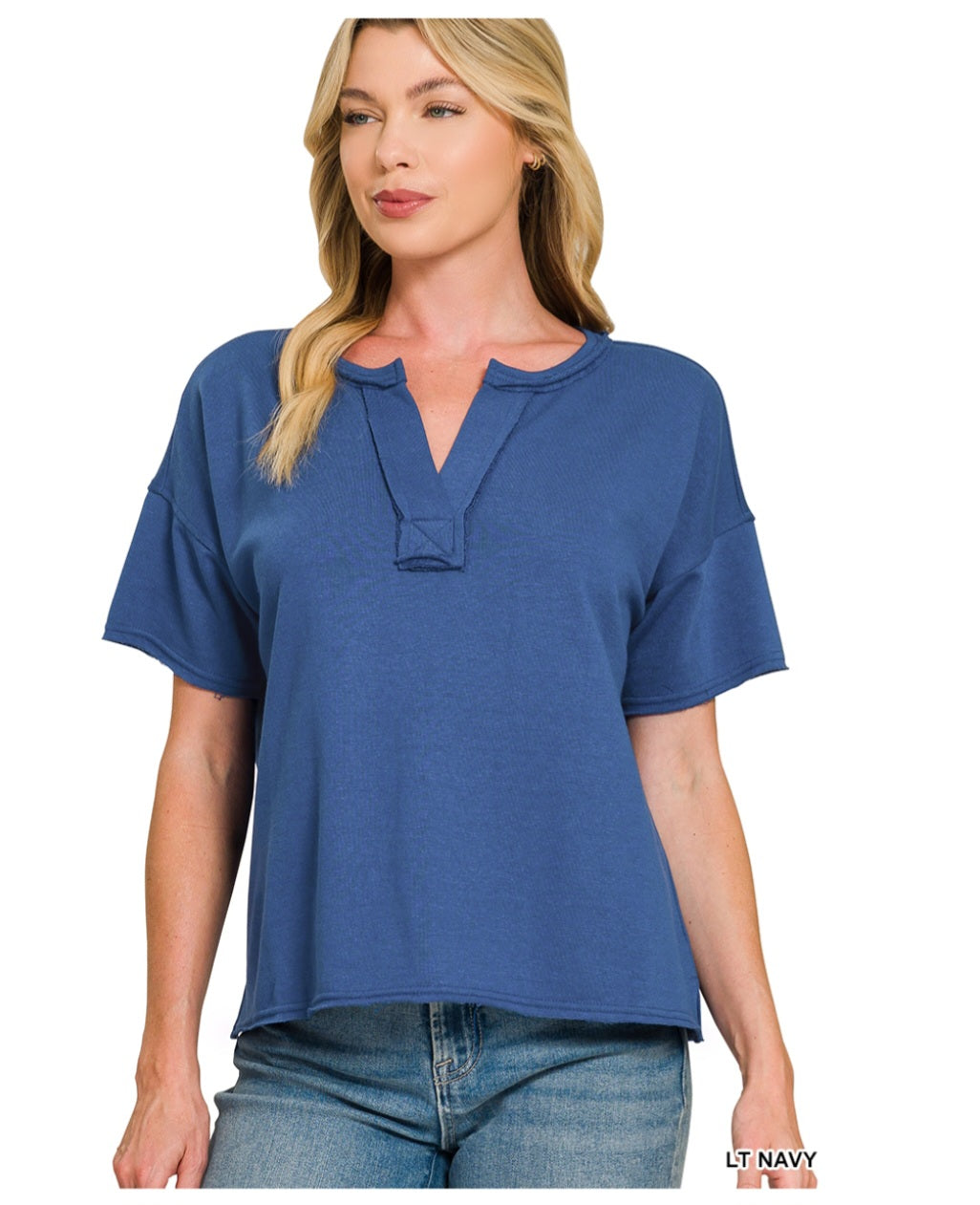 French Terry Split Neck Exposed Seam Top