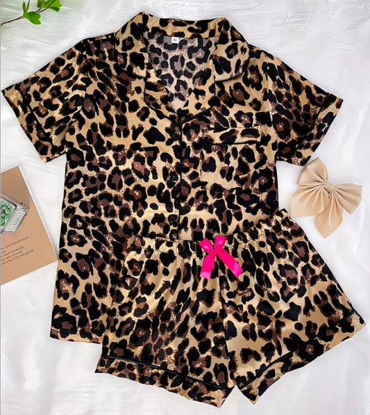 Satin Leopard Print Pajama Set