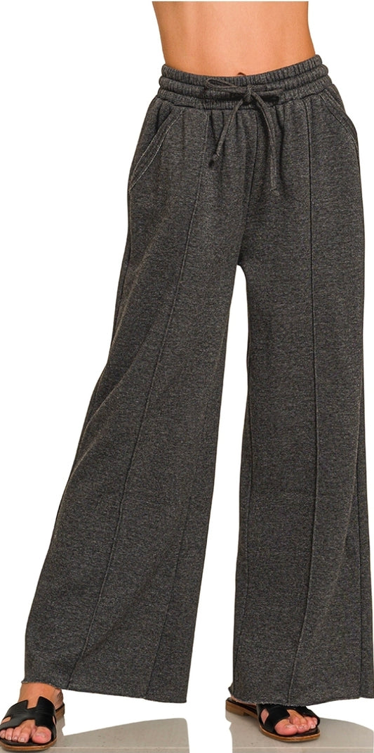 Acid washed fleece pintuck wide leg pants