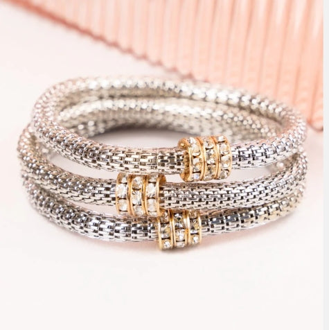 Crystal Avenue Textured Weave Chain & Rhinestone Silvertone Bracelet Set