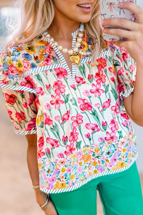 Floral Print Striped Detail Blouse