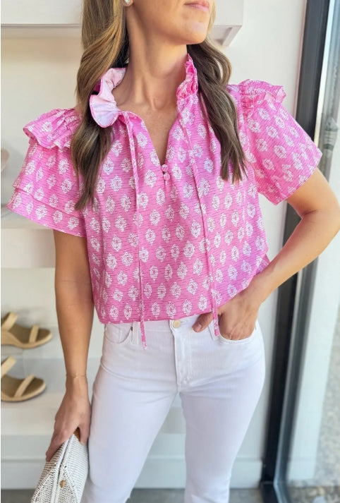 Pink Vintage Floral Split Neck blouse