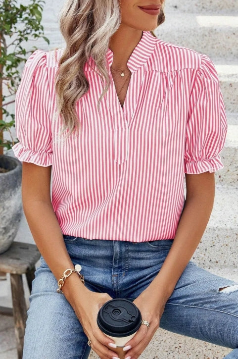 Pink Stripe Notched Neck Frilled Short Puff Sleeve Blouse