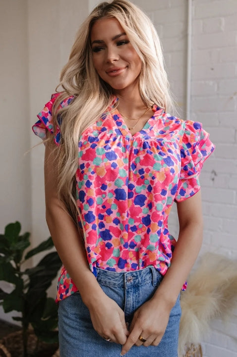 Rose Red Abstract Print Ruffle Sleeve Blouse