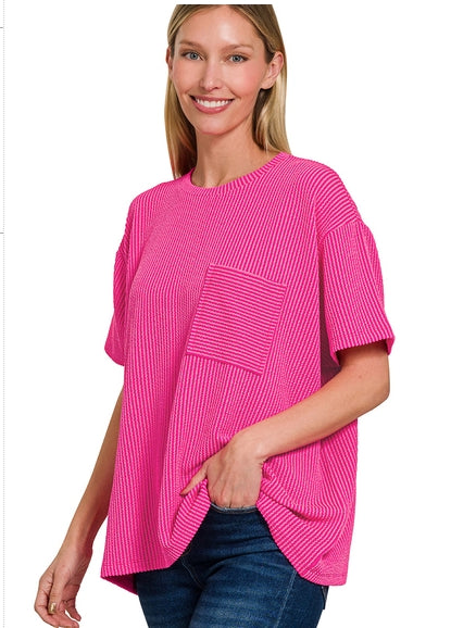 Corded Rib Short Sleeve Front Pocket Top