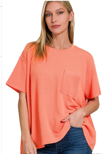 Corded Rib Short Sleeve Front Pocket Top