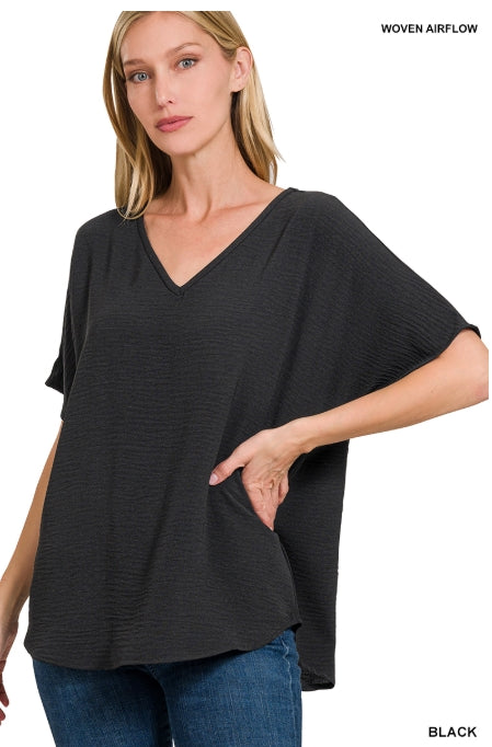 Woven Airflow V-neck Short Sleeve Top