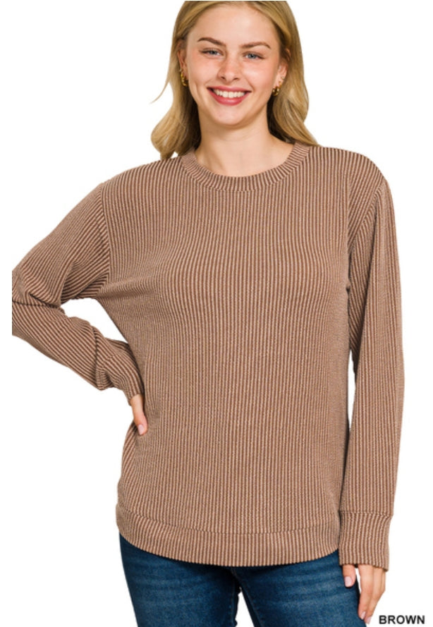 Raised rib round neck long sleeve top
