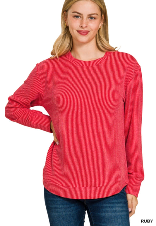 Raised rib round neck long sleeve top