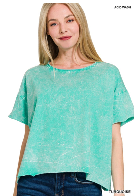 Crinkle washed crew neck short sleeve crop box tee