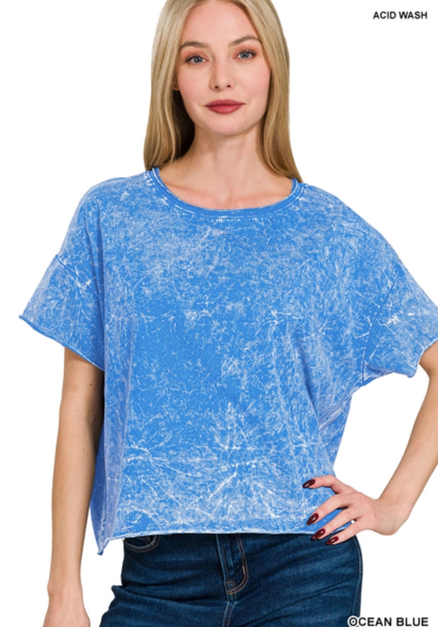 Crinkle washed crew neck short sleeve crop box tee