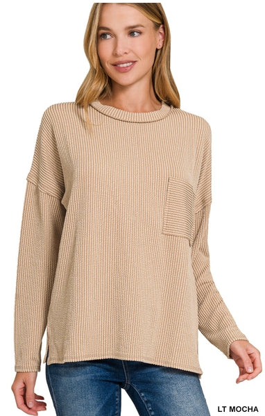 Corded rib long sleeve drop shoulder top