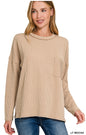 Corded rib long sleeve drop shoulder top with pocket