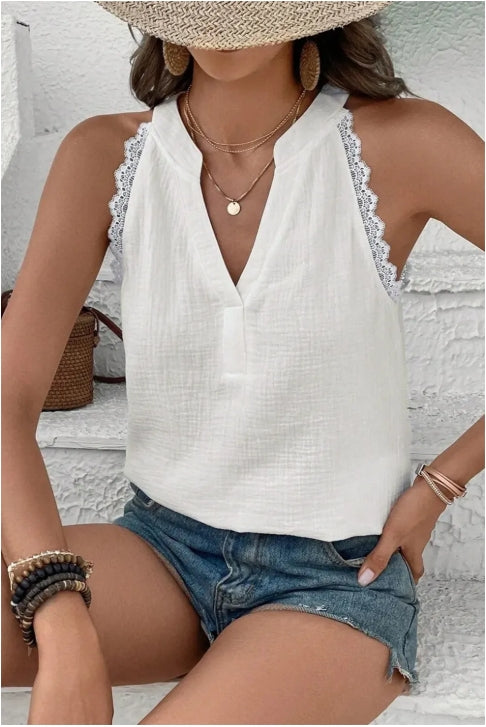White Textured Lace Trim Pure Cotton Sleeveless Top
