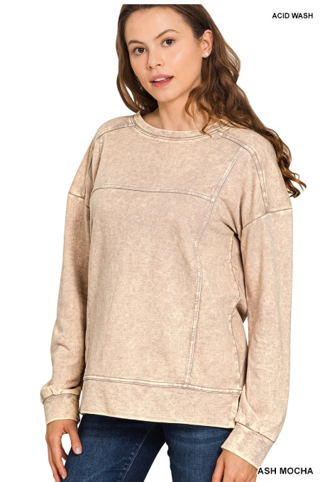 Acid wash f/terry exposed-seam pullover