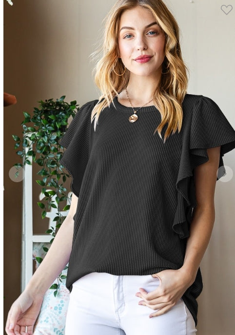 Ruffled Sleeve Ribbed Top