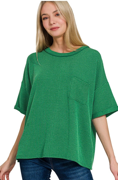 Corded Rib Short Sleeve Front Pocket Top