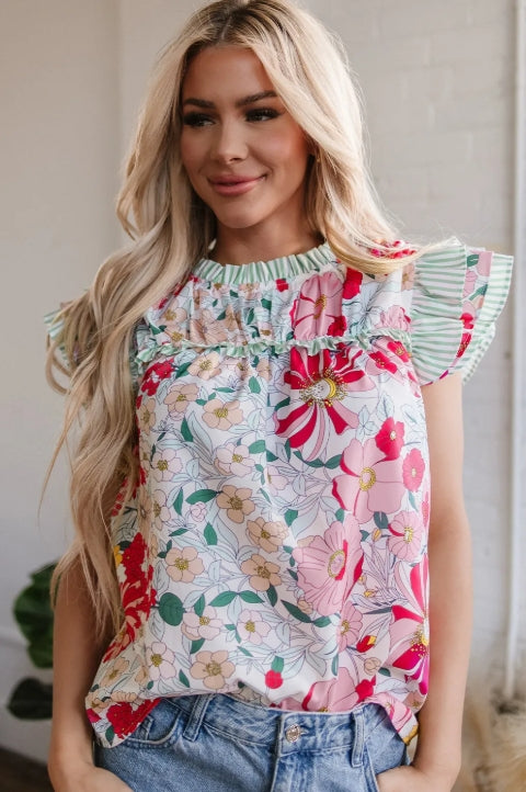 BK Pink Floral Print Contrast Ruffle Trim Short Sleeve Blouse