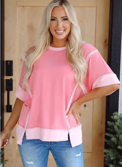 Peach Blossom Half Sleeve Raw Seam High Low Side Split Top