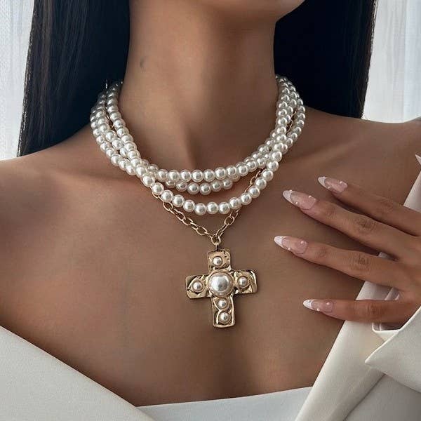 MULTI WRAP PEARL BEADED CROSS CHARM NECKLACE