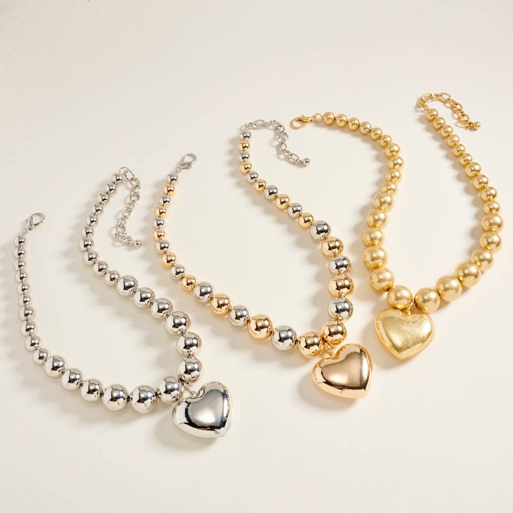 16 Inch Metal Puffy Heart CCB Bead Necklace