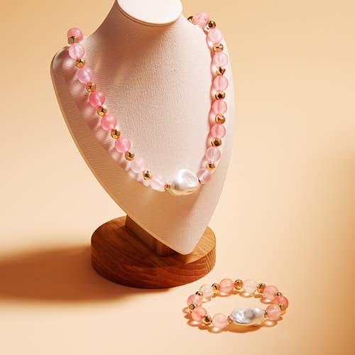 Faux Seaglass And Glass Pearl Bead Short Necklace