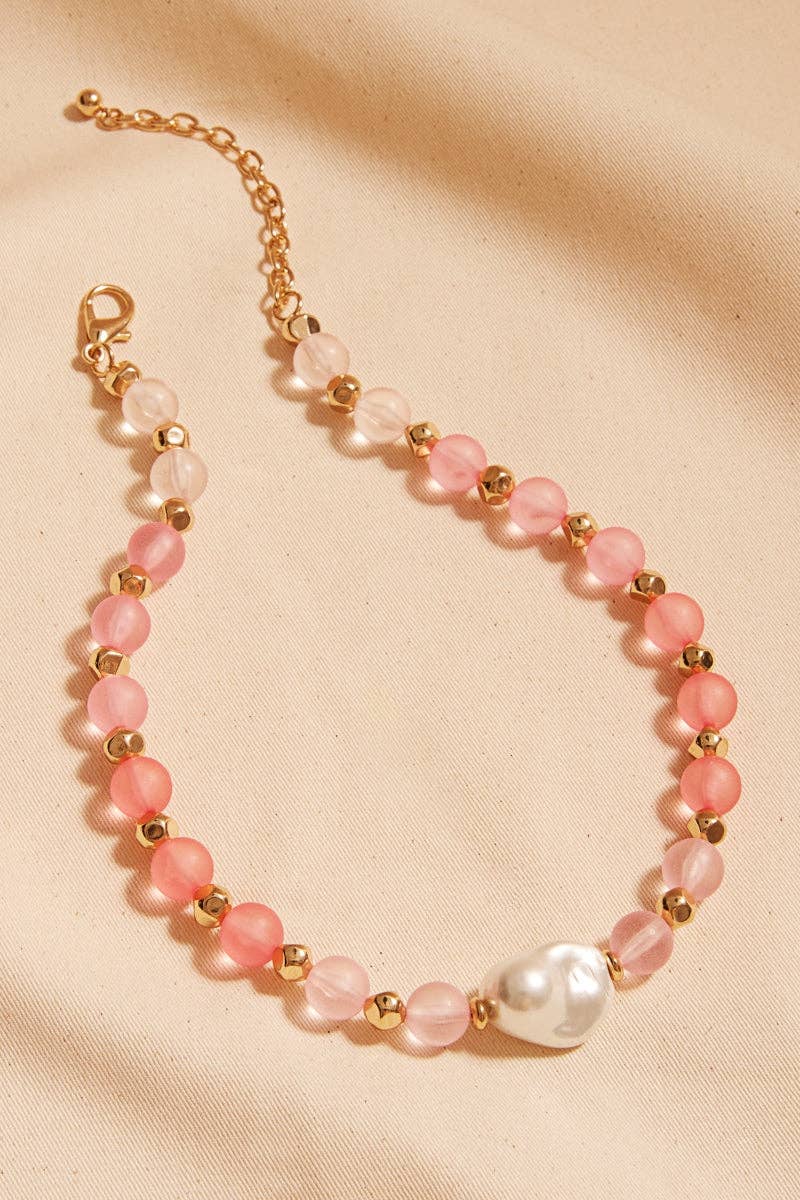 Faux Seaglass And Glass Pearl Bead Short Necklace