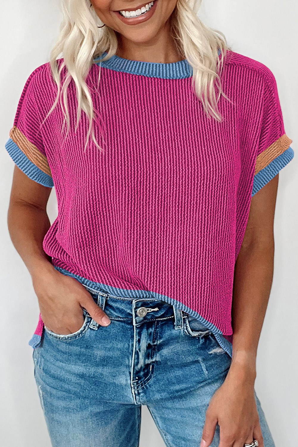 Bright Pink Textured Contrast trim shirt