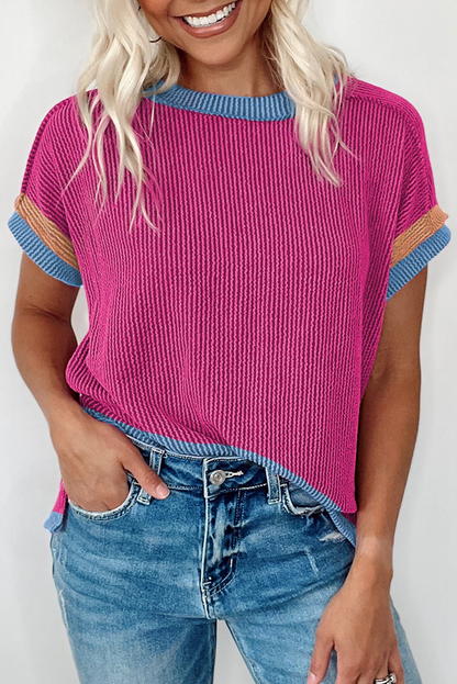 Bright Pink Textured Contrast trim shirt