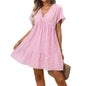 Gingham V Neck Short Sleeve Summer Dress with Ruffle Hem