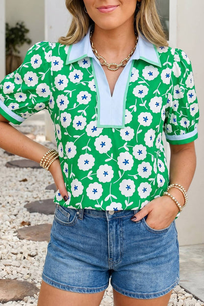 Flower Contrast Patchwork Collar Short Sleeve Blouse