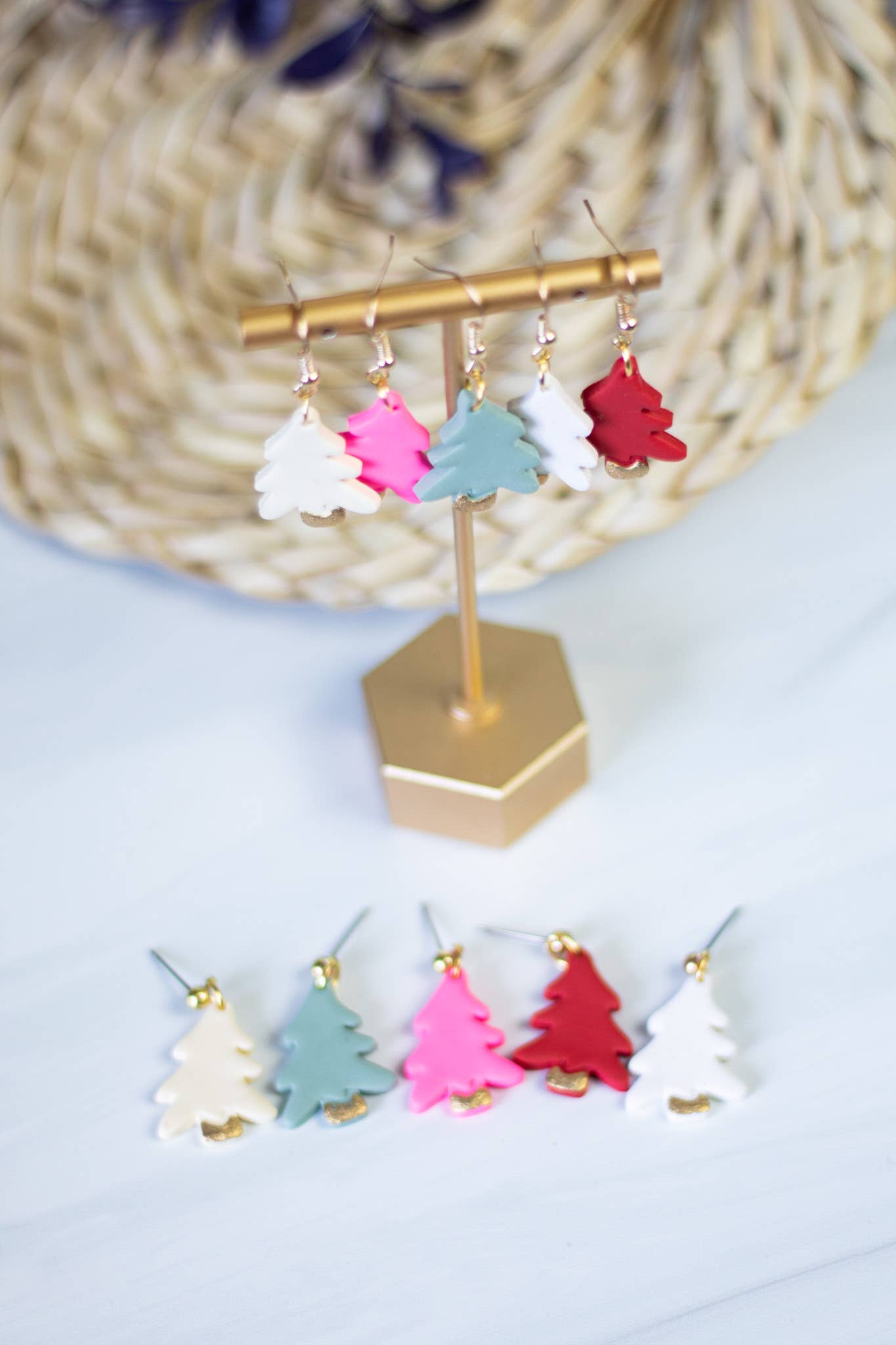 Gold Painted Tree Clay Dangle Earrings