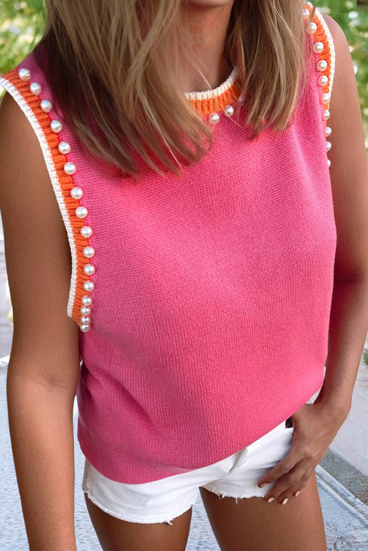 Solid Beaded Round Neck Wool-Woven Top