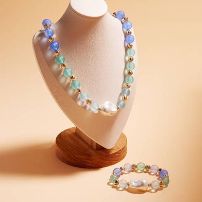 Faux Seaglass And Glass Pearl Bead Short Necklace