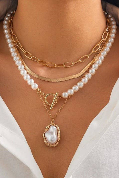 PEARL CHARM MULTILAYER PEARL GOLD MIX NECKLACE