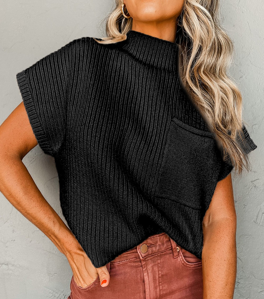 Black Ribbed Pocket Sweater