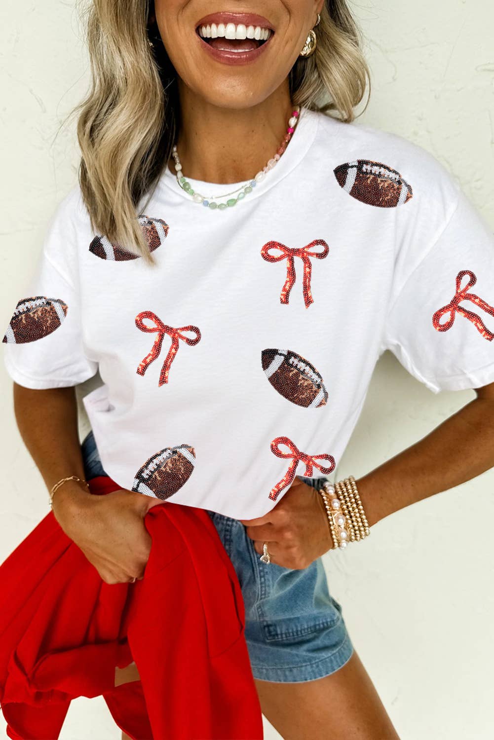 Sequins Game Day Round Neck Short Sleeve Shirt