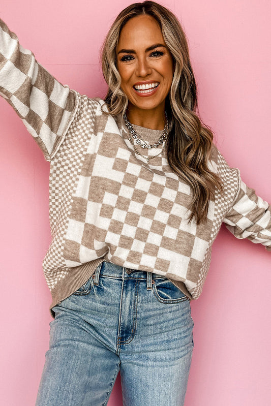 Khaki Checkered Print Drop Shoulder Sweater