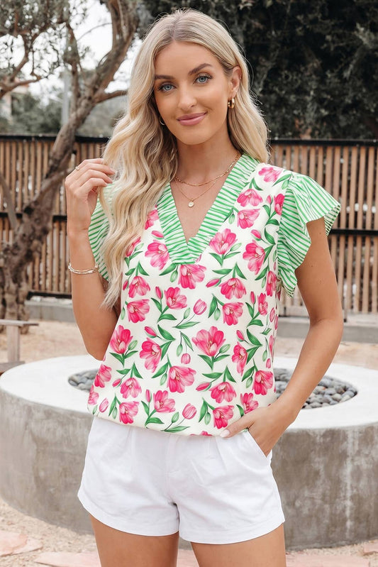 Floral Print Striped Ruffle Trim V Neck Blouse