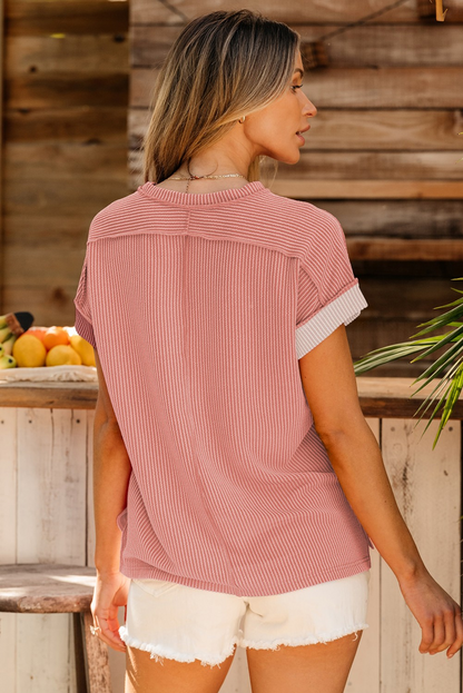 Apricot Pink Textured Colorblock Crew Neck Shirt