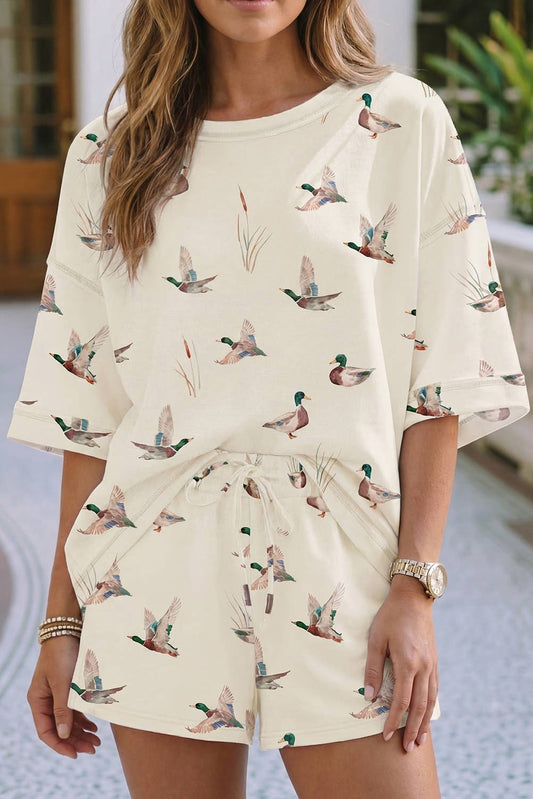High Waist Mallard Duck Print Short Sleeve 2-pc Set