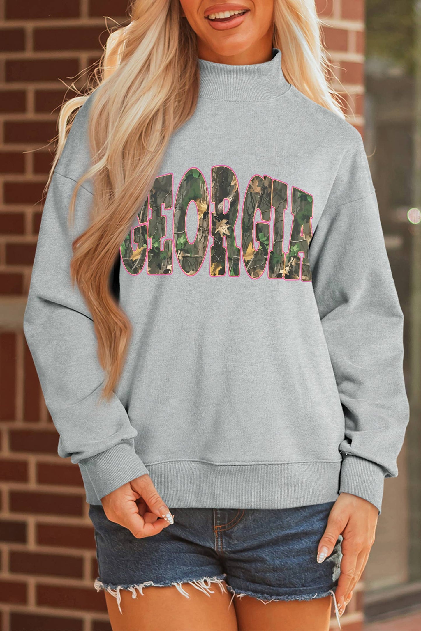 GEORGIA Camo Letter Mock Neck Sweatshirt