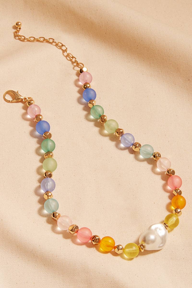 Faux Seaglass And Glass Pearl Bead Short Necklace